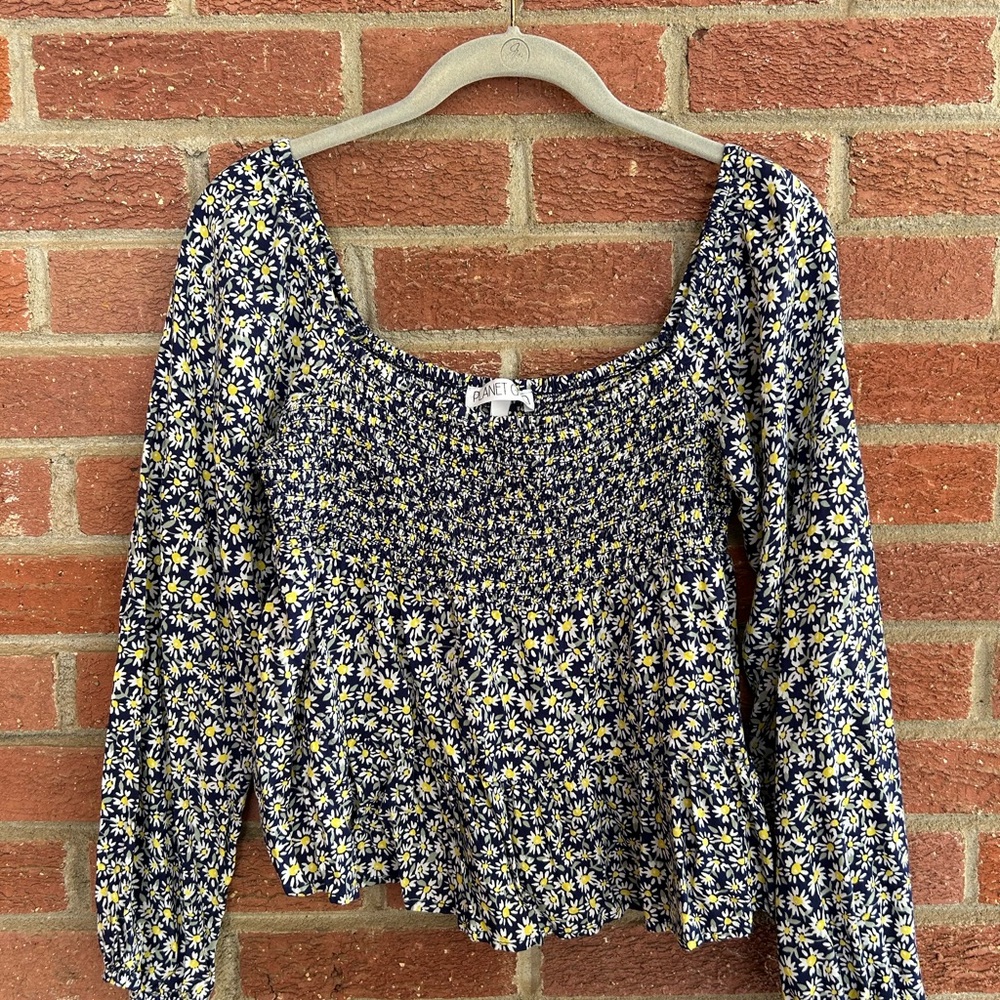 Planet Gold Navy and Yellow Floral Blouse